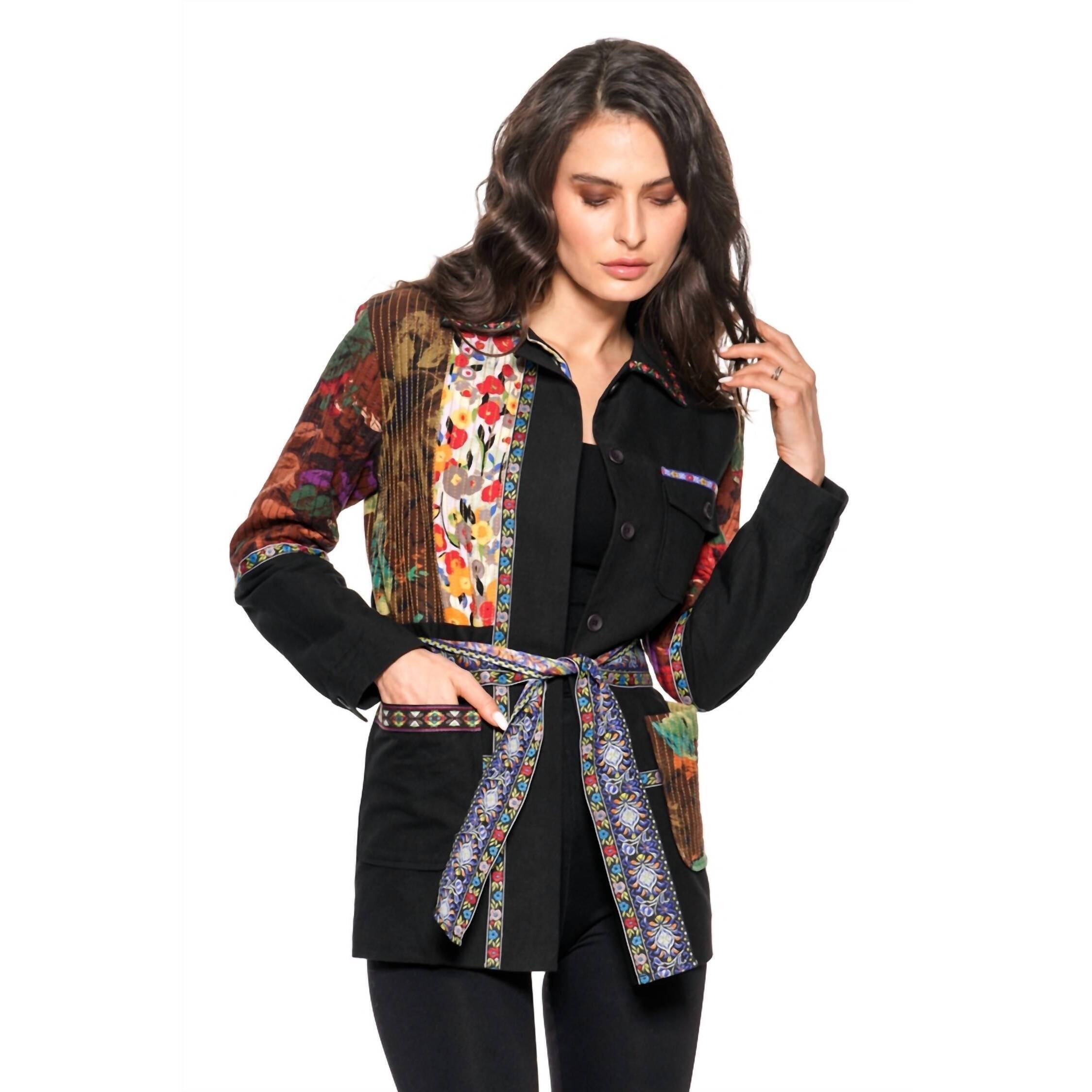 New Adore Belted Mix Media Jacket In Black/Print